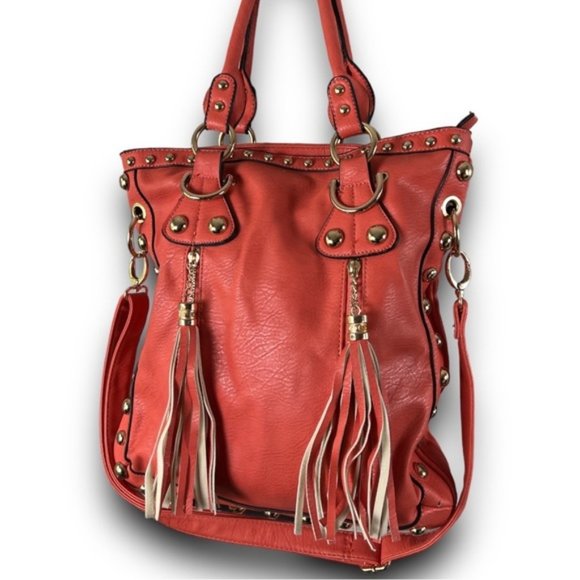 Handbags - Coral Orange Vegan Leather Gold Studded Oversized Tote Bag With Adjustable Strap